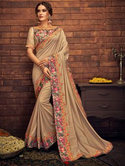 Odette - Beige Dual Tone Silk Designer Saree with Unstitched Blouse