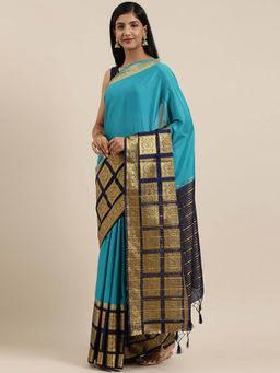 Mimosa - Mysore Silk Style Crepe Saree Blue With Unstitched Blouse