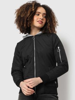 Campus Sutra - Women Black Hooded Puffer Bomber Jacket
