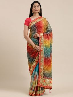 Vastranand - Multi-Color Printed Gotta Patti Bandhani Saree with Unstitched Blouse