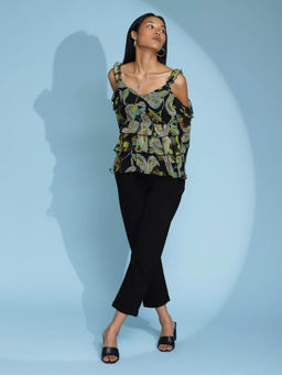 Label Ritu Kumar - Black Floral Print Cut-Out Top