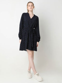 VERO MODA - Women Navy Blue Viscose Polka Dots Mini Dress with Belt (Set of 2)