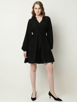 VERO MODA - Women Black Viscose Solid Mini Dress with Belt (Set of 2)