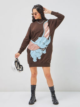 Bewakoof - Heavy Duty 1.0 Disney Women's Brown Elly Graphic Printed Oversized T-Shirt Dress