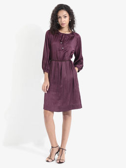 RAREISM - Women Purple Polyester Solid Knee Length Dress with Belt (Set of 2)