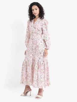 RAREISM - Women Multi-Color Cotton Linen Paisley Maxi Dress with Belt (Set of 2)
