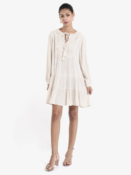 RAREISM - Women Cream Viscose Self Design Mini Dress