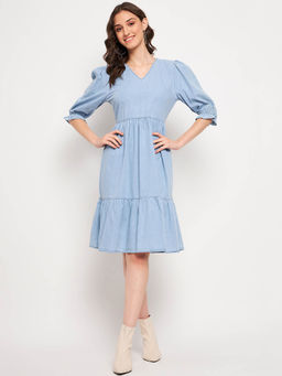 CAMLA - Women Blue Polyester Solid Knee Length Dress