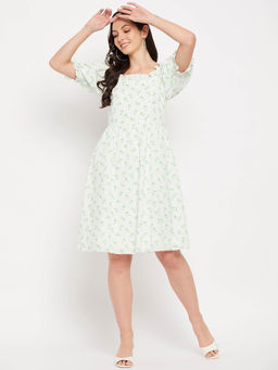 CAMLA - Women White Polyester Floral Printed Printed Knee Length Dress
