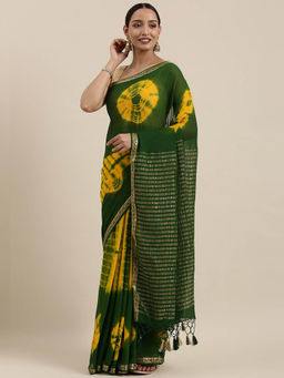Mimosa - Banarasi Style Chiffon Saree Olive Green With Unstitched Blouse