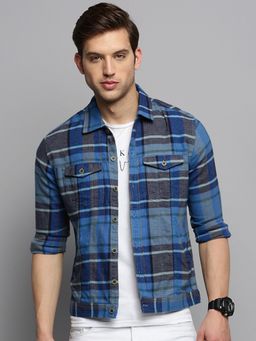 SHOWOFFFF - Men's Spread Collar Checked Blue Open Front Jacket