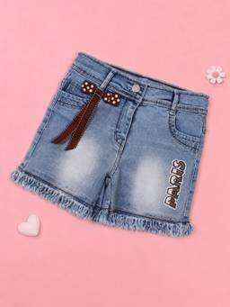 Cutecumber - Blue Denim Mid Waist Embroidered Shorts