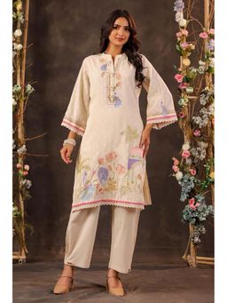 Autumnlane - Beige Embroidered Three Fourth Sleeves Kurti and Pant