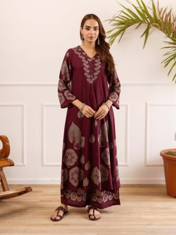 Autumnlane - Karen Berry Wine Printed Cotton Kurta with Palazzo