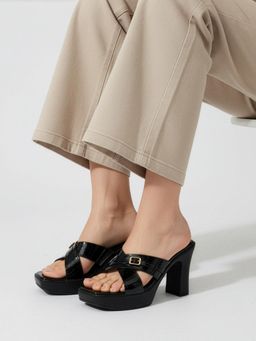 Twenty Dresses by Nykaa Fashion - Women Embroidered Round Toe Block Heels Sandals - Black