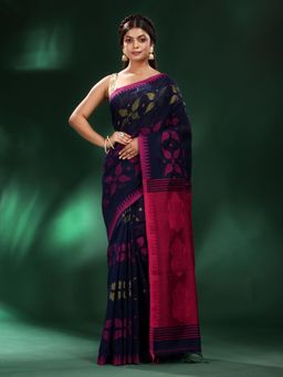 CHARUKRITI - Blue Blended Cotton Soft Saree with Unstitched Blouse