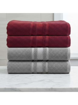 Athom Living - Grey-Maroon Solid Ultra Soft Cotton Bath Towels (Pack of 4) (M)