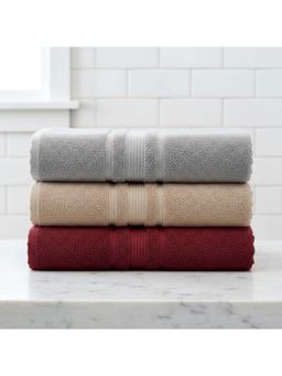 Athom Living - Grey-Beige-Maroon Solid Ultra Soft Cotton Bath Towels (Pack of 3) (M)