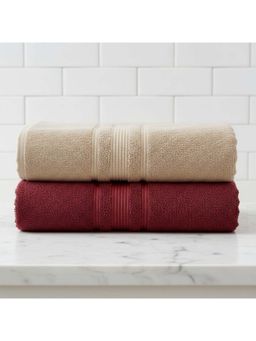 Athom Living - Beige-Maroon Solid Ultra Soft Cotton Bath Towels (Pack of 2) (M)