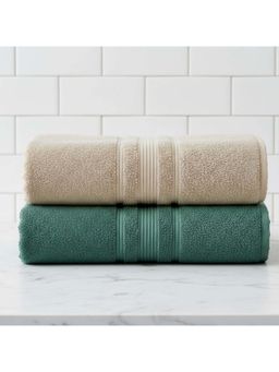 Athom Living - Beige-Green Solid Ultra Soft Cotton Bath Towels (Pack of 2) (M)