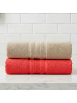 Athom Living - Beige-Red Solid Ultra Soft Cotton Bath Towels (Pack of 2) (M)