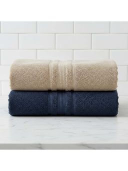 Athom Living - Beige-Navy Blue Solid Ultra Soft Cotton Bath Towels (Pack of 2) (M)