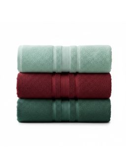 Athom Living - Mint Green-Maroon-Green Solid Ultra Soft Cotton Bath Towels (Pack of 3) (M)
