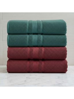 Athom Living - Green-Maroon Solid Ultra Soft Cotton Bath Towels (Pack of 4) (M)