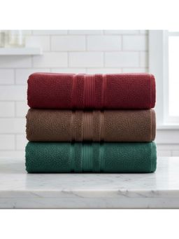 Athom Living - Maroon-Brown-Green Solid Ultra Soft Cotton Bath Towels (Pack of 3) (M)