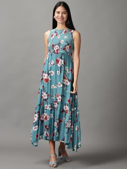 SHOWOFF - Womens Round Neck Maxi Teal Printed Dress