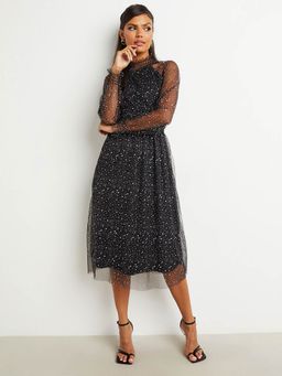 Styli - Black High Neck Glittered Tulle Midi Dress