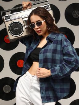 PINACOLADA - Women's Prussian Blue Buffalo-Check Oversized Shirt