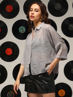 PINACOLADA - Women's Coin Grey Sheer Geometric Block Oversized Shirt
