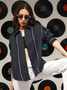 PINACOLADA - Women's Sacramento Green Unbalanced-Striped Oversized Shirt