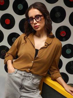 PINACOLADA - Women's Mocha Brown Solid Oversized Shirt