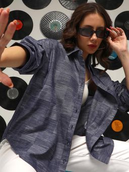 PINACOLADA - Women's Denim Blue Buffalo-Check Oversized Shirt