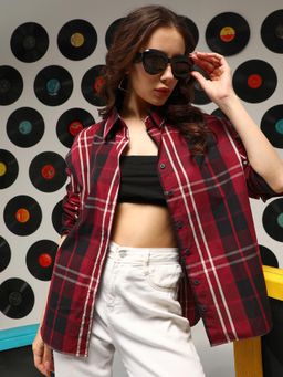 PINACOLADA - Women's Venetian Red Tartan Plaid Oversized Shirt