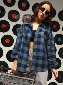 PINACOLADA - Women's Prussian Blue Buffalo-Check Oversized Shirt