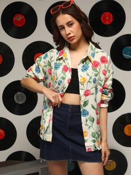 PINACOLADA - Women's Pale Yellow Rose Garden Oversized Shirt