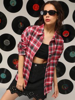 PINACOLADA - Women's Crimson Red Tartan Plaid Oversized Shirt
