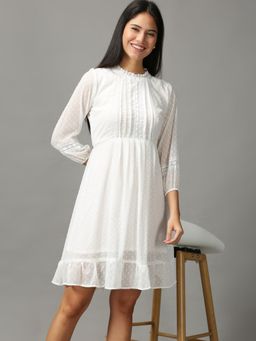 SHOWOFF - Womens Fit And Flare White Self Design Dress