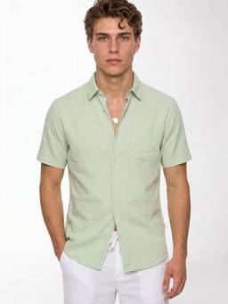 Jack & Jones - Green Solid Cotton Linen Blend Regular Fit Shirt