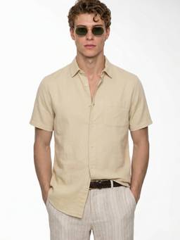 Jack & Jones - Beige Solid Cotton Linen Blend Regular Fit Shirt