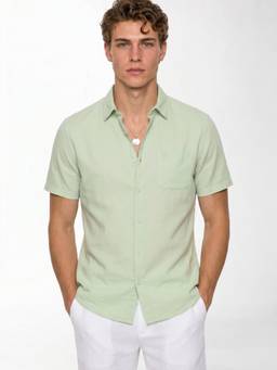 Jack & Jones - Green Solid Cotton Linen Regular Fit Shirt
