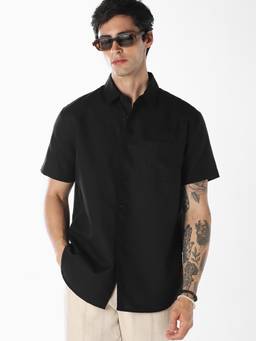 Jack & Jones - Black Solid Cotton Linen Regular Fit Shirt
