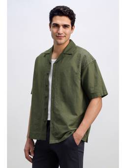 Allen Solly - Olive Embroidered Cotton Blend Relaxed Fit Shirt