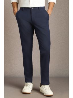 Louis Philippe - Navy Blue Solid Polyester Blend Tapered Fit Trouser