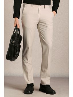 Louis Philippe - Beige Textured Polyester Blend Slim Fit Trouser