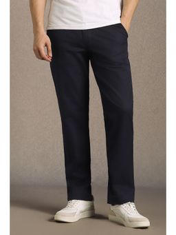 Louis Philippe - Navy Blue Solid Cotton Blend Slim Fit Trouser