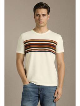 Louis Philippe - Cream Stripes Cotton Blend Slim Fit T-Shirt